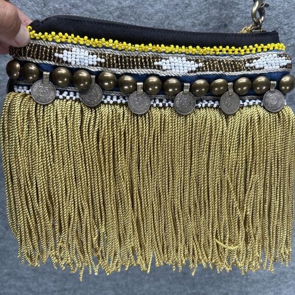 Elliot Mann NY Indie Clutch Wristlet Beaded Gold Fringe Coins Boho Handcrafted - Picture 6 of 10